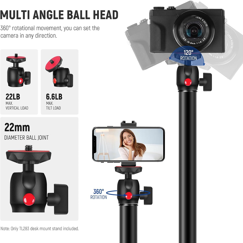 Camera Desk Mount with Phone Holder & 360° Ball Head, 17"-40"/43-102cm Telescopi