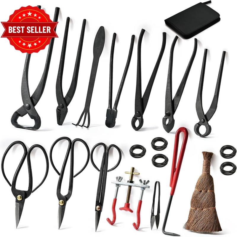 14 Piece Bonsai Tools Kit with Case, Carbon Steel Scissor Cutter Shear Set Garde