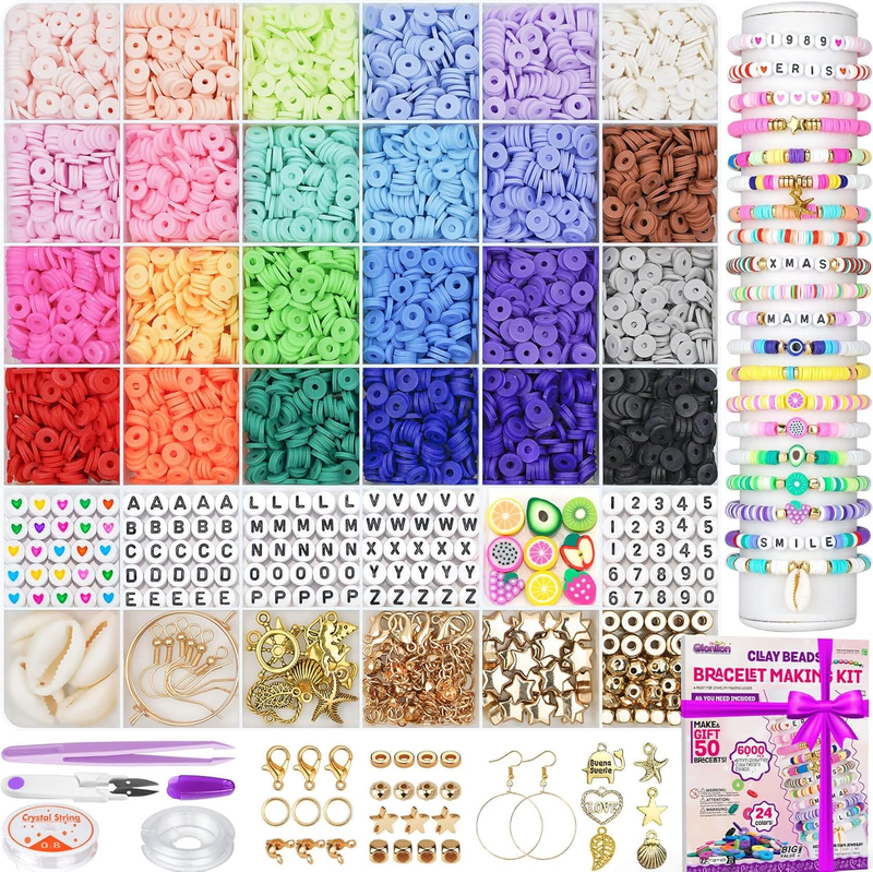 6000 Pcs Clay Beads for Bracelet Making, 24 Colors Flat Preppy Beads for Friends