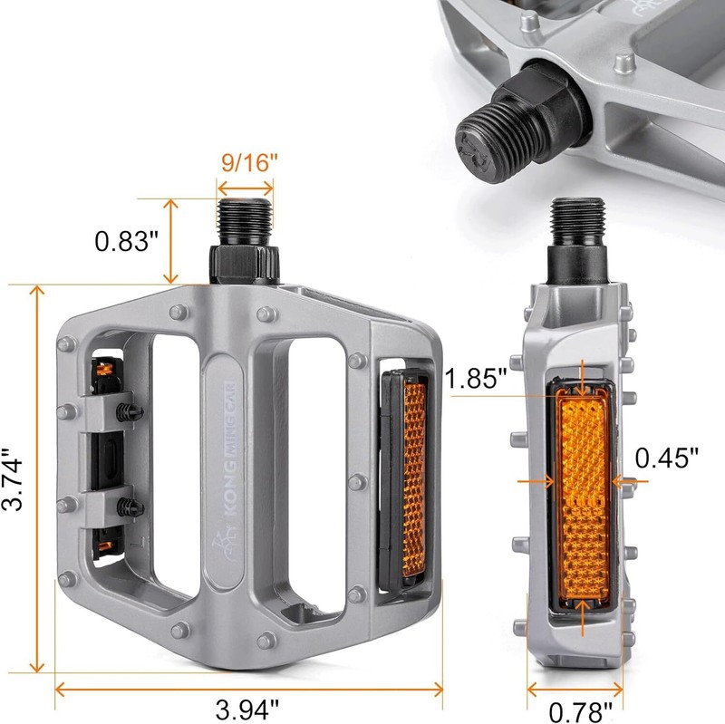 Mountain Bike Pedals 9/16 Inch - Bicycle Flat Pedals with Reflectors - Lightweig