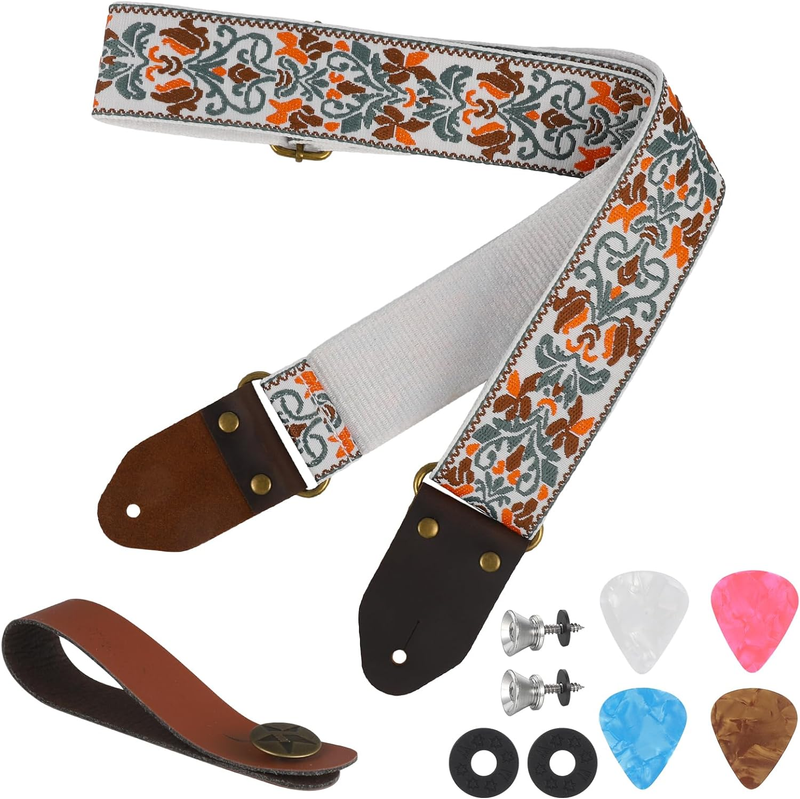 With Leather Ends,cotton Vintage Jacquard Guitar Strap With Guitar