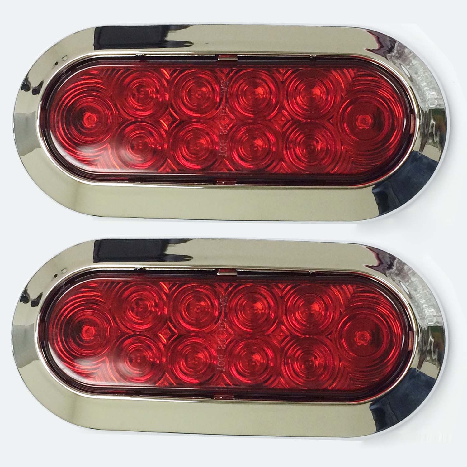 2 Red 6" Oval LED Trailer Stop/Turn/Tail Lights Surface Mount Chrome
