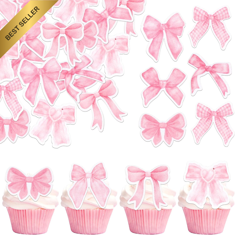64 Pack Edible Pink Bow Cupcake Toppers Rice Paper Bowknot Cupcake Picks Bow Bir