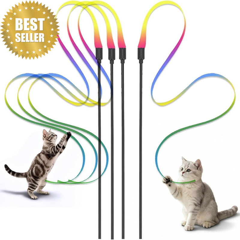 4 Pack Cat Wand Toy, Interactive Cat Teaser Wand with Rainbow String, Lightweigh