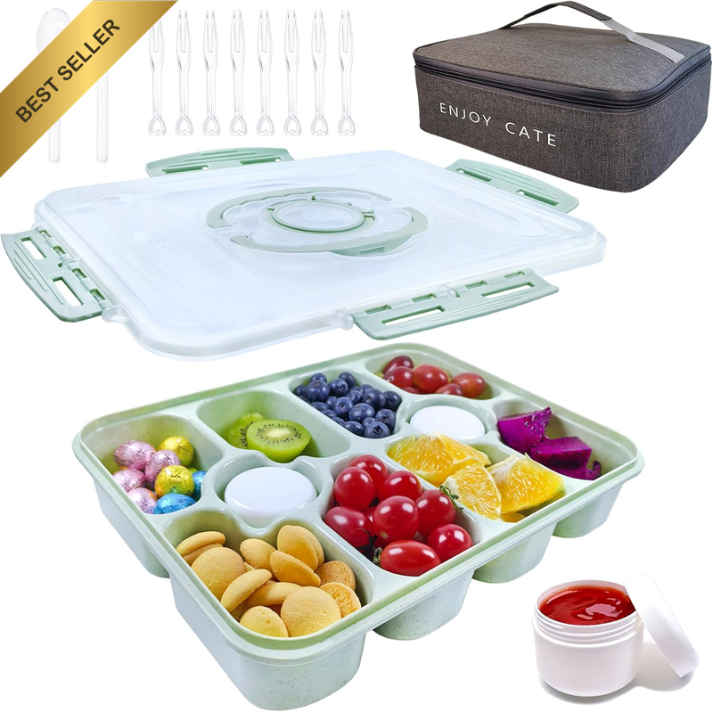Snackle Box 10-Compartment with Insulated Cooler Bag, Divided Serving Tray Platt