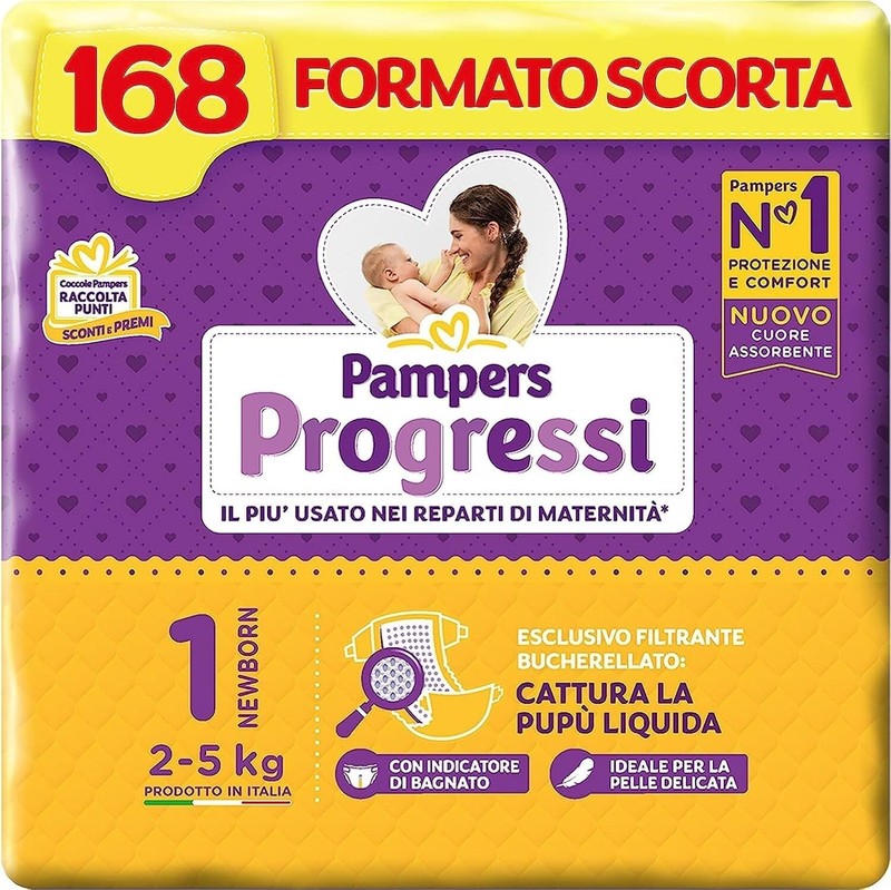 Pampers Progressi 168 Pannolini Newborn Tg.1 (2-5 Kg) Neonato 6 Pacchi Da 28 Pz.