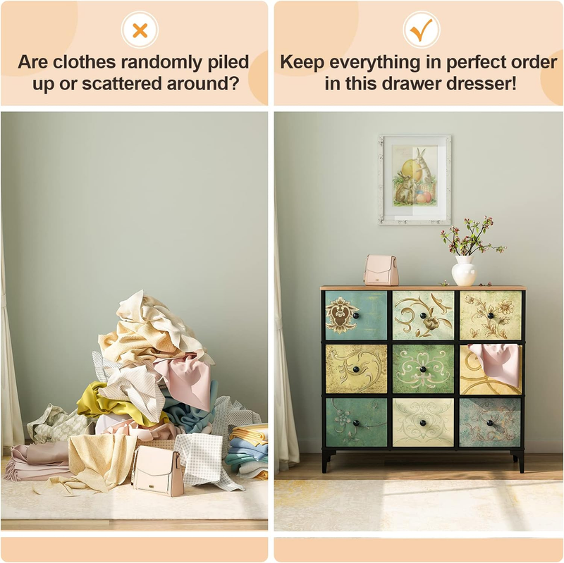 Dresser with 9 Drawers, Tall Storage Dresser for Bedroom, Modern Chest of Drawer