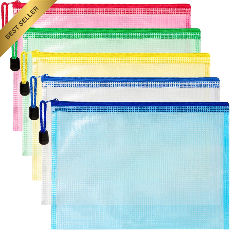 5 Pack Waterproof Zipper Bags 13.2 X 9.4 Inch Clear Mesh Storage Pouches Assorte