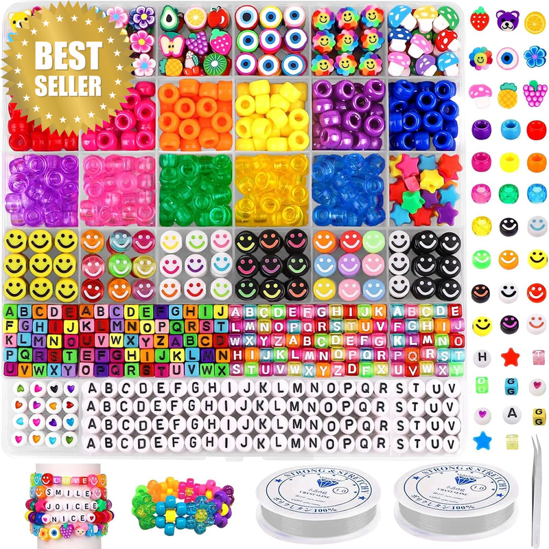 Bracelet Making Kit with Pony, Fruit Flower Polymer Clay, Smile Face & Letter Be
