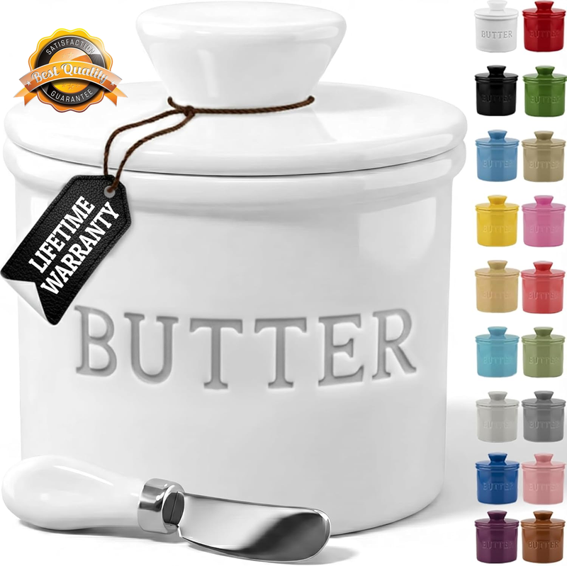 Ceramic French Butter Crock with Lid Water Line Countertop Dish White