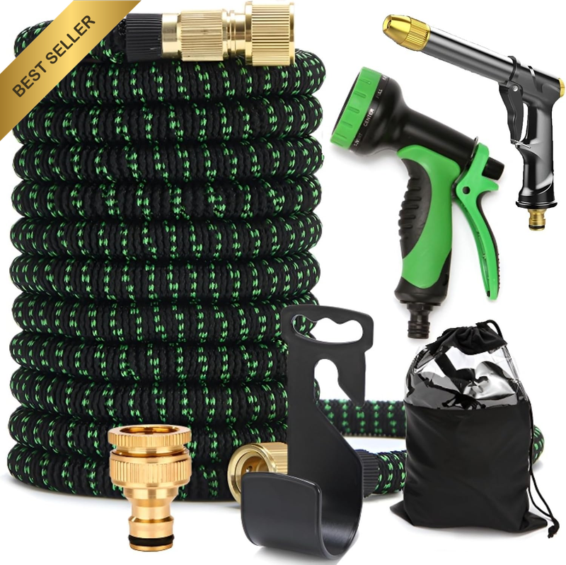 Expandable Garden Hose with 10-Pattern Nozzle & High-Pressure Black Spray Gun 3/