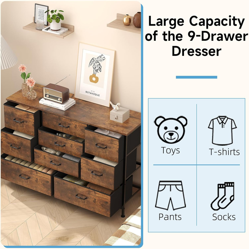 Tall 9 Drawers Dresser Storage with Wood Top, TV Stand, Fabric Wide Storage Towe