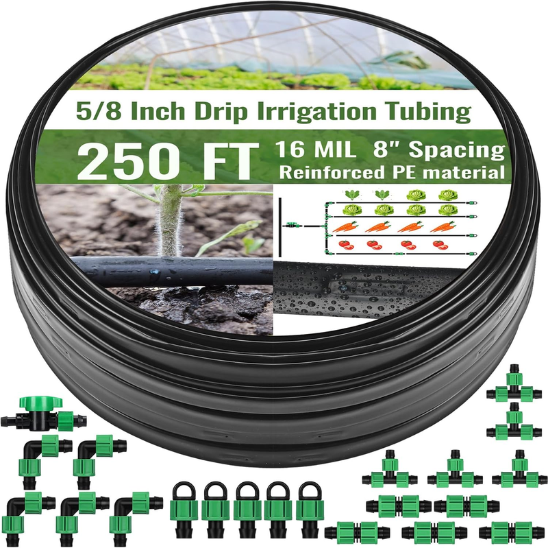 Drip Tape 250Ft 5/8" 16 Mil 8" Spacing Irrigation Tubing Hose Garden Yard Farm
