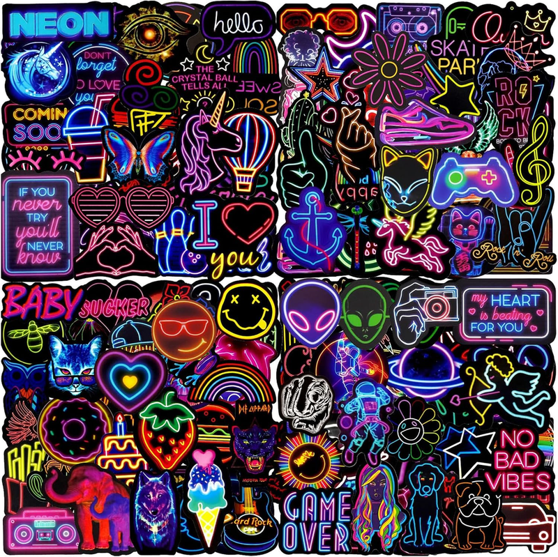 Water Bottle Stickers 200 Pcs Cool Neon Sticker Pack for Kids Teens Adult, Water