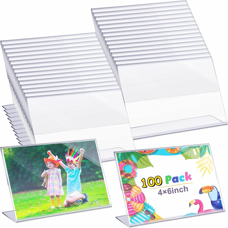 100 Pcs Acrylic Picture Frames Bulk 4 X 6 Inch Plastic Sign Holder Clear Frame Horizontal L Shape Acrylic Photo Slanted Back Plastic Picture Display Stand Flyer Holder for Office Home Desktop
