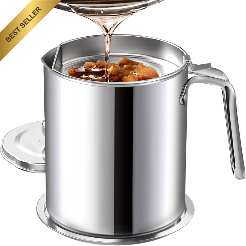 2L Capacity Stainless Steel Grease Container with Fine Mesh Strainer, 304 Stainl