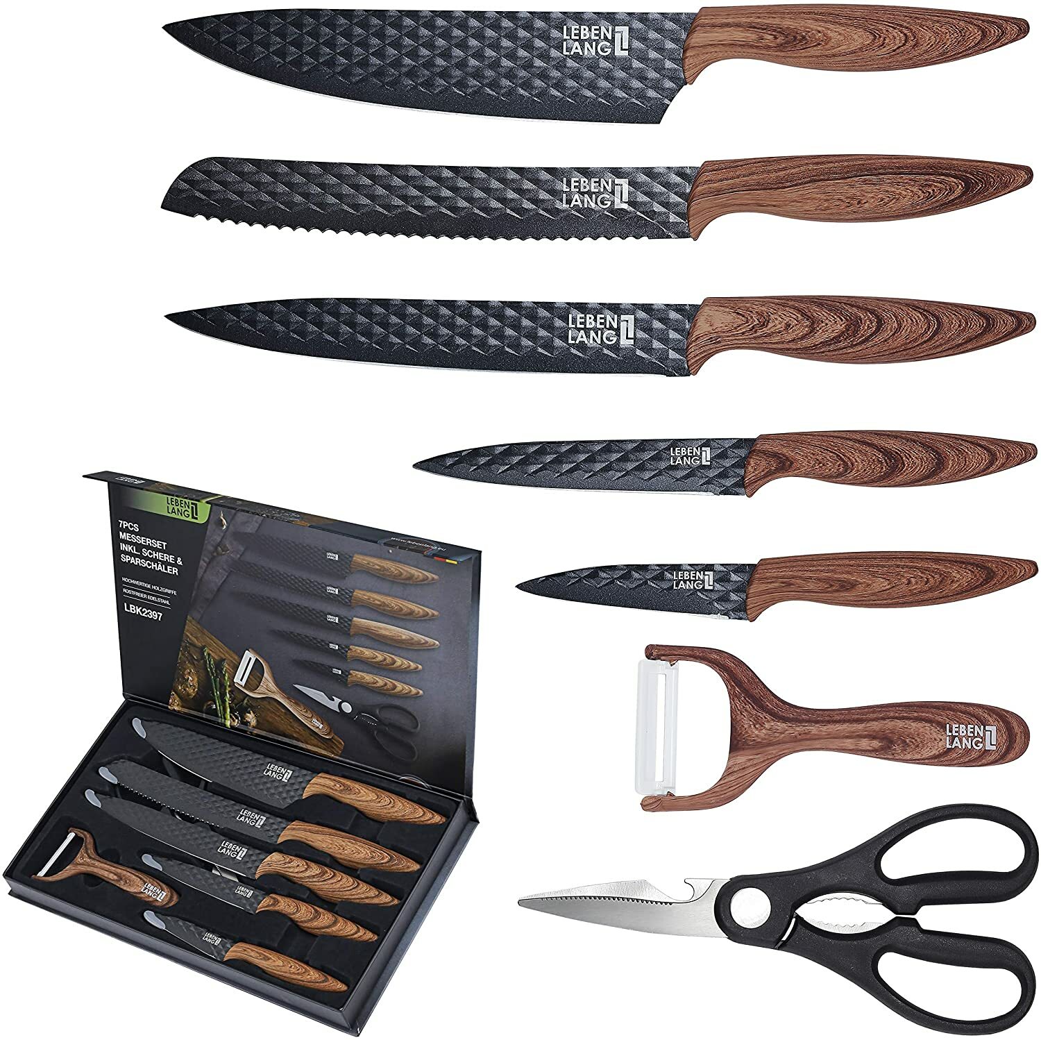 Messerset Küchenmesser Zubehör 7 teilig mit Schäler & Küchenschere Set 