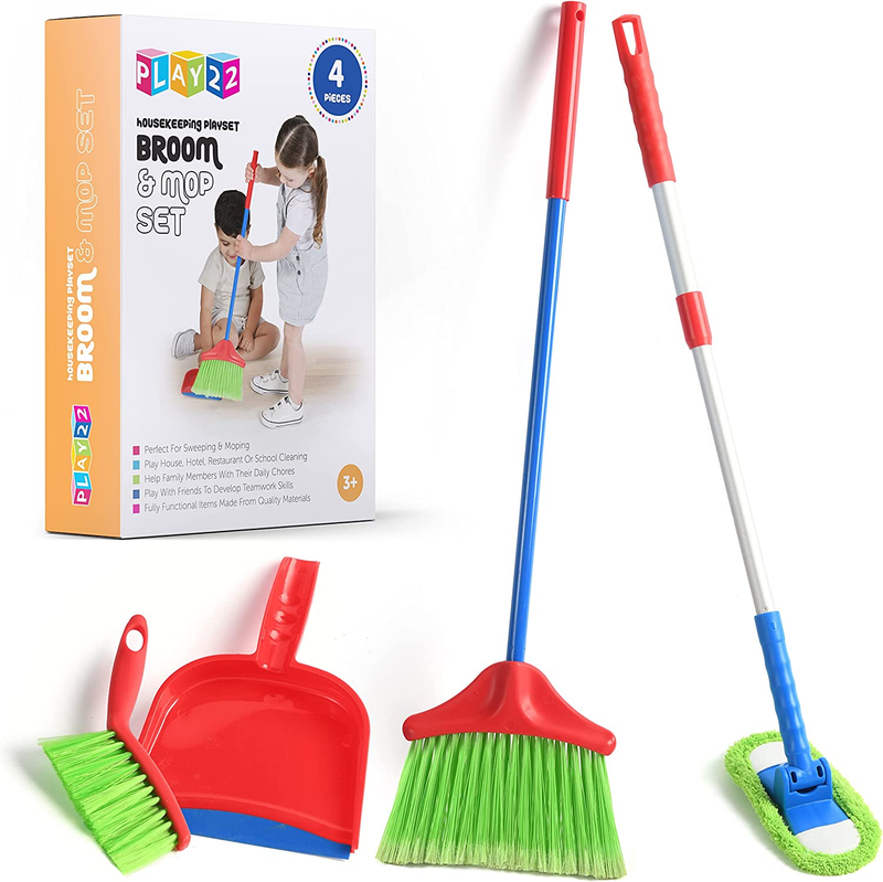 4-Piece Kids Cleaning Set: Broom, Mop, Brush, Dust Pan Toy Kitchen Toddler Gift