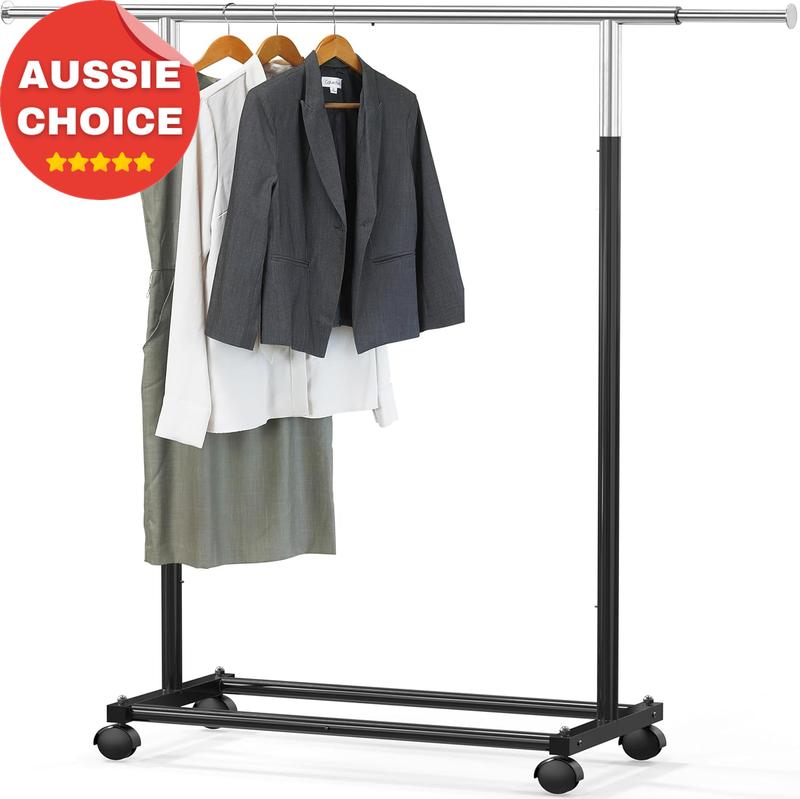 Heavy Duty Adjustable Black Clothes Rack on Wheels Garment Storage Stand