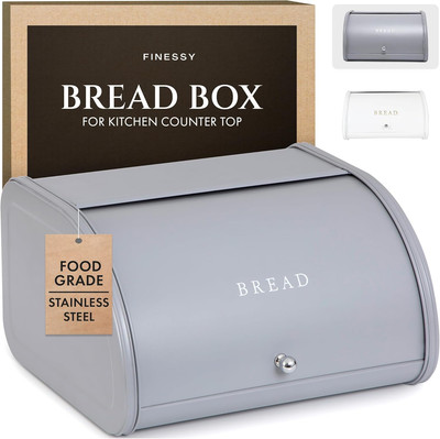 Stainless Steel Metal Bread Box for Kitchen Countertop Grey, Modern Bread Holder