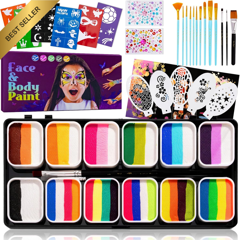 12 Split Cake Face Paint Kit Stencils Non Toxic Water Activated Rainbow