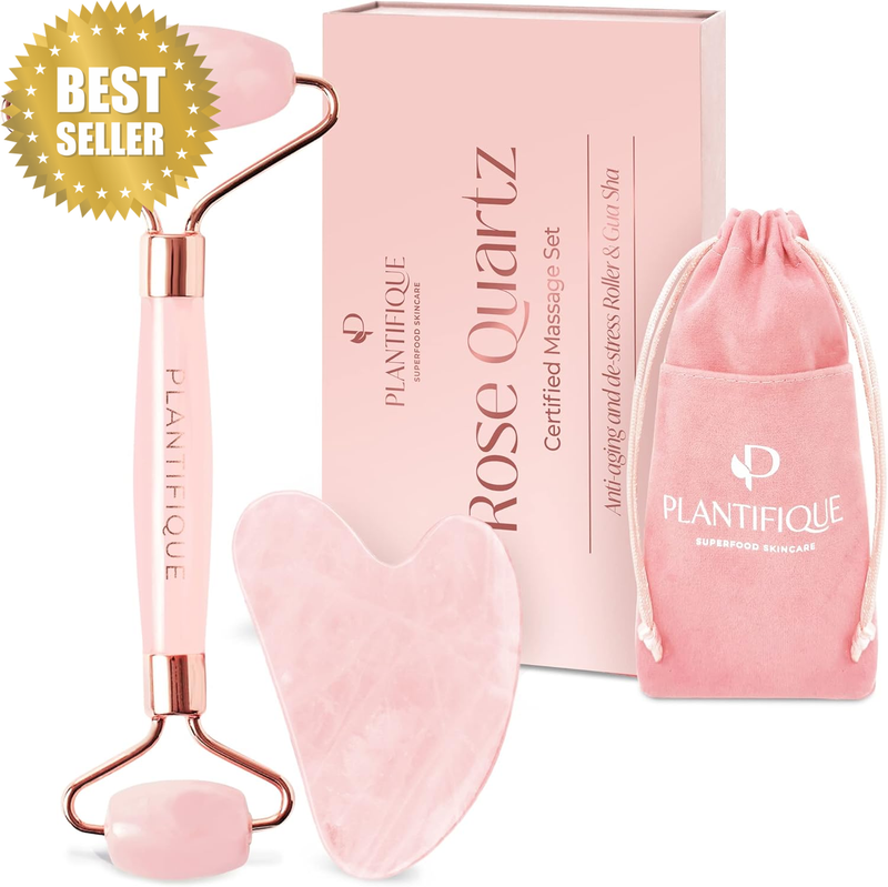 Rose Quartz Gua Sha & Face Roller Set, Certified Face Massager