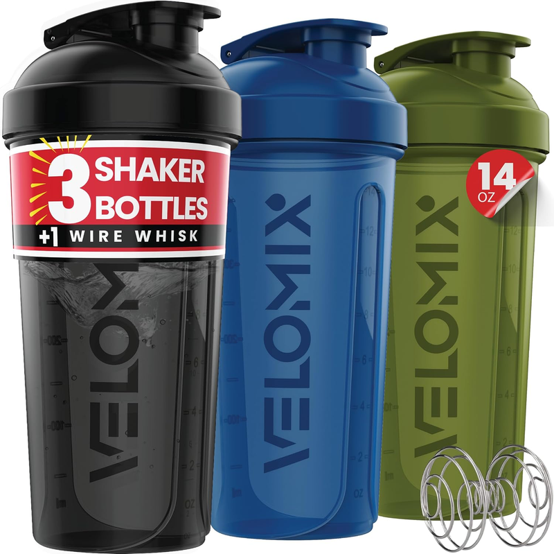 VELOMIX 3 Pack 14Oz Protein Shaker Bottle, Green, Black, Blue