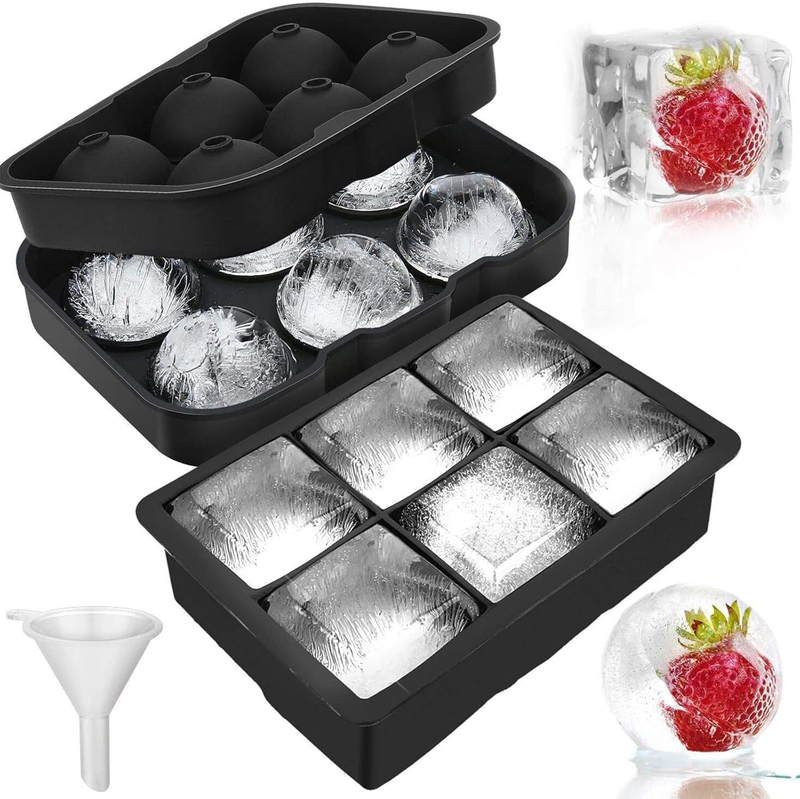 Silicone Ice Cube Tray (Set of 2), Large Ice Cube Moulds & Ice Ball Maker with F