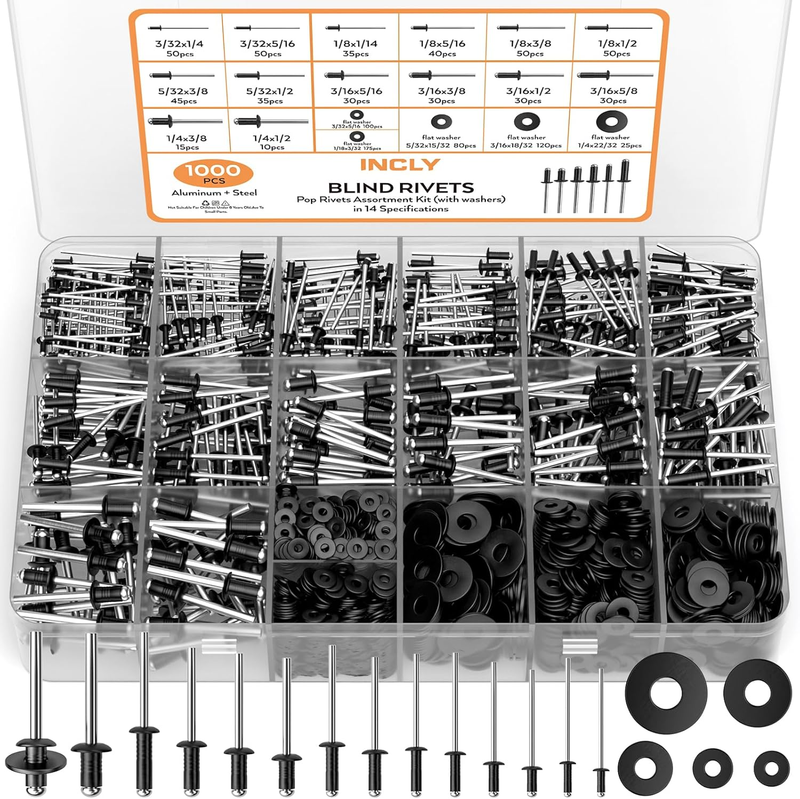 1000PCS Pop Rivets Assortment Kit, 14 Sizes Black Rivets for Metal 3/32