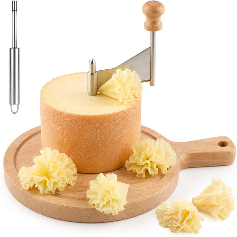 Wooden Cheese Wheel Cutter, Stainless Steel round Cheese Slicer with Handle Kitc