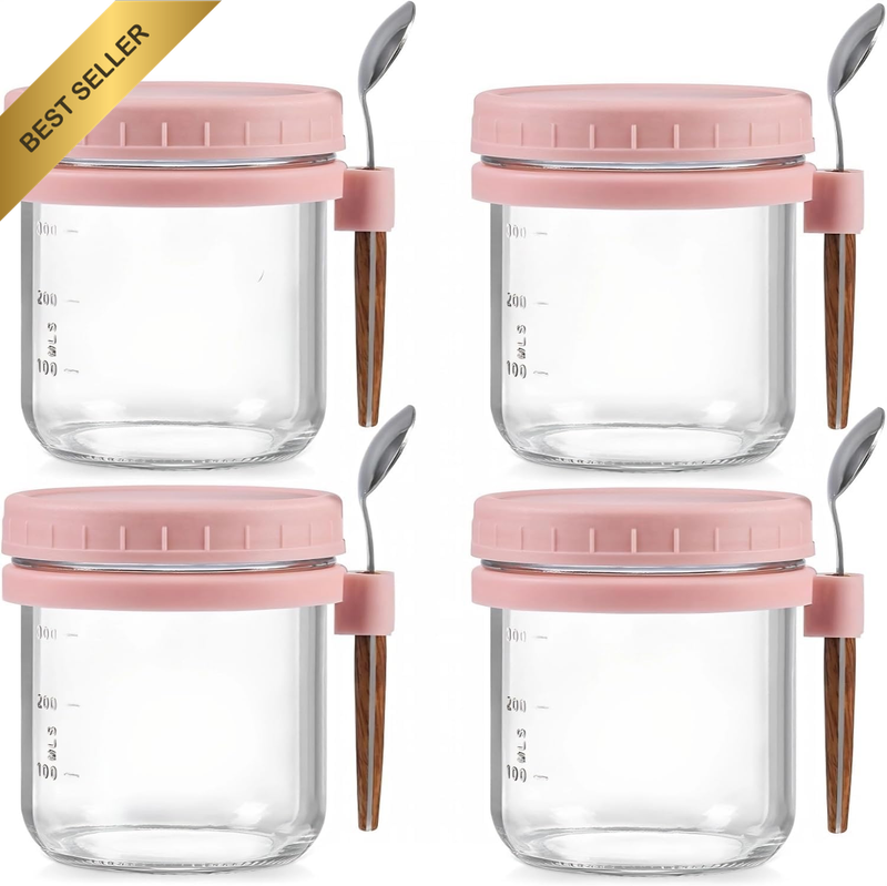 Overnight Oats Glass Mason Jars, 16 Oz Containers with Airtight Lids and Spoons,