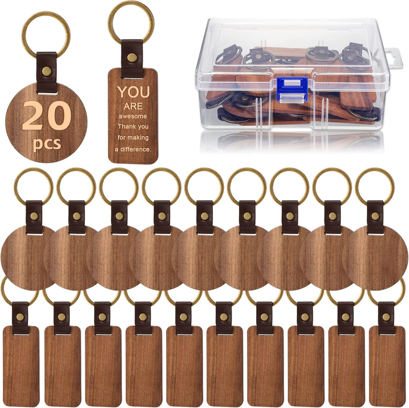 Inbagi 20 Pcs Blank Wooden Keychains Leather Keychains with Container