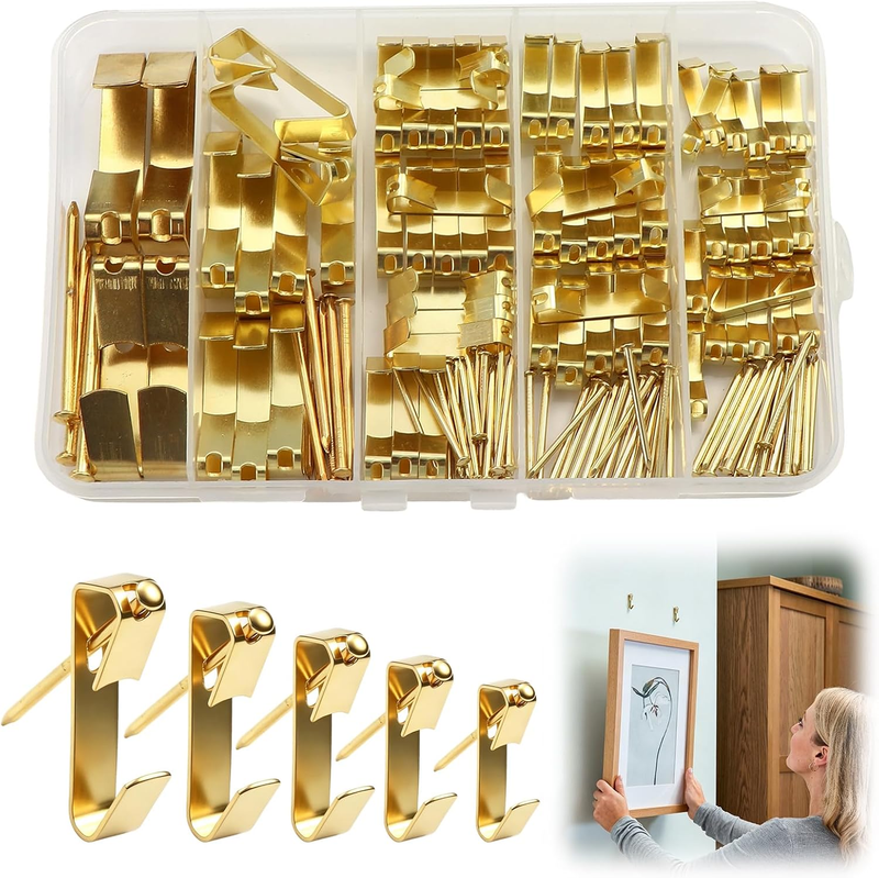 136 Pieces Picture Hangers Kit, Heavy Duty Picture Hanging Hooks with Nails, Met