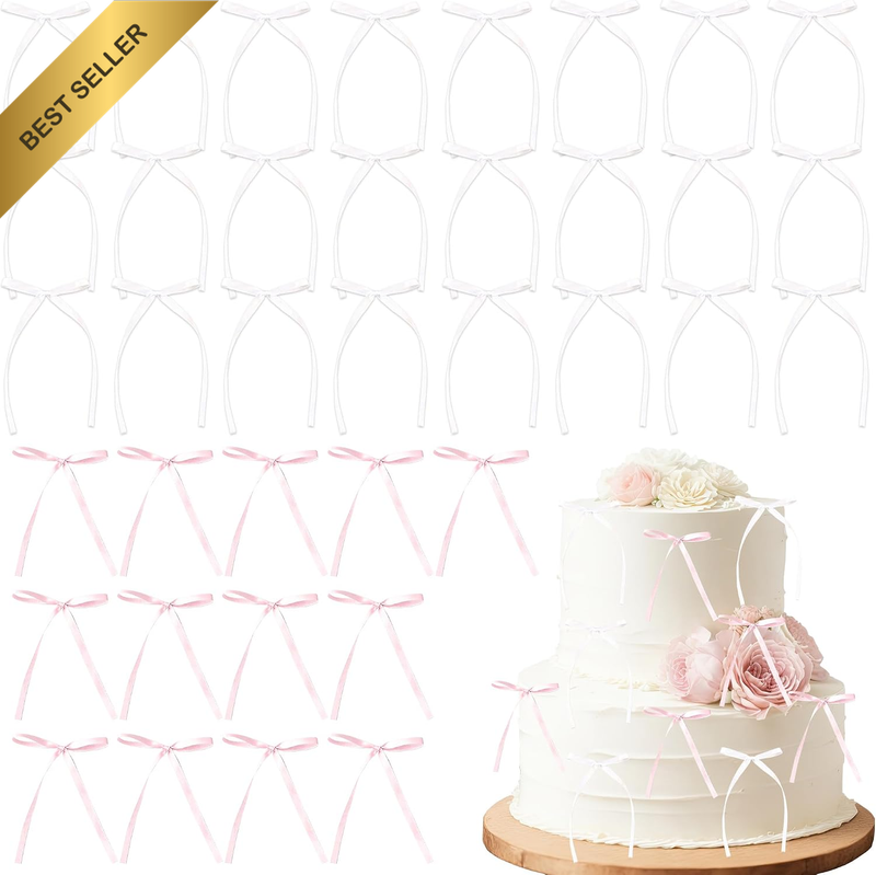 40Pcs Ribbon Bow Cake Toppers, High Quality Cupcake Decorations for Birthday Wed