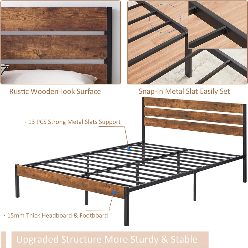 Platform Full Bed Frame with Rustic Vintage Wood Headboard and Footboard, Mattre