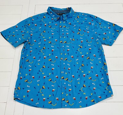 RF Brand Blue BEER Drinking Games Frat Party Cotton Button Up Shirt Size XL EUC!