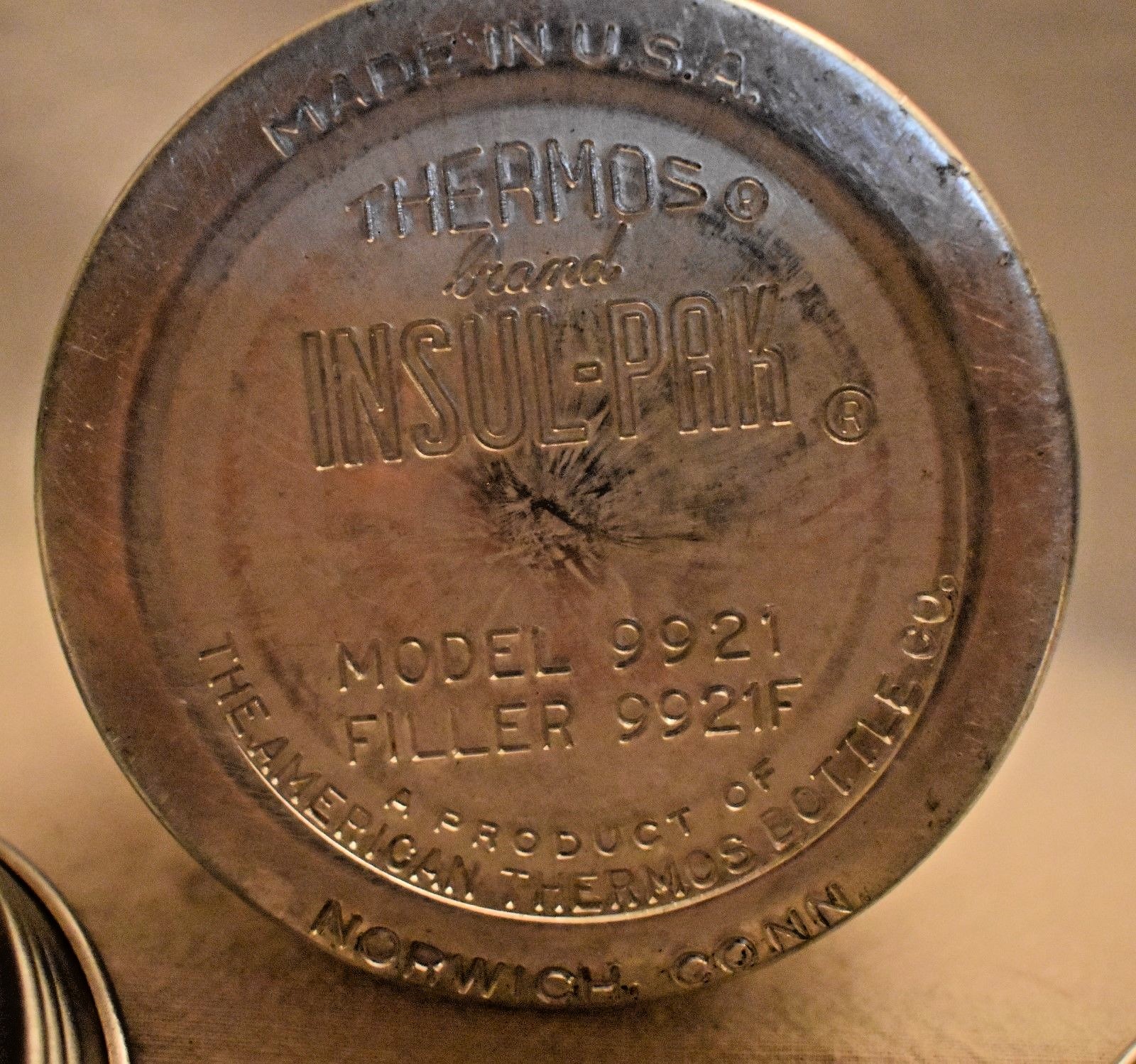 Thermos Brand Insul-Pak Model 9921 Metal thermos 7 3/8 inches tall Made in USA