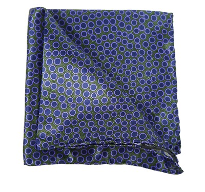 $80 New ITALO FERRETTI Satin Green w Navy & Blue Dots Silk Pocket Square 12.5''
