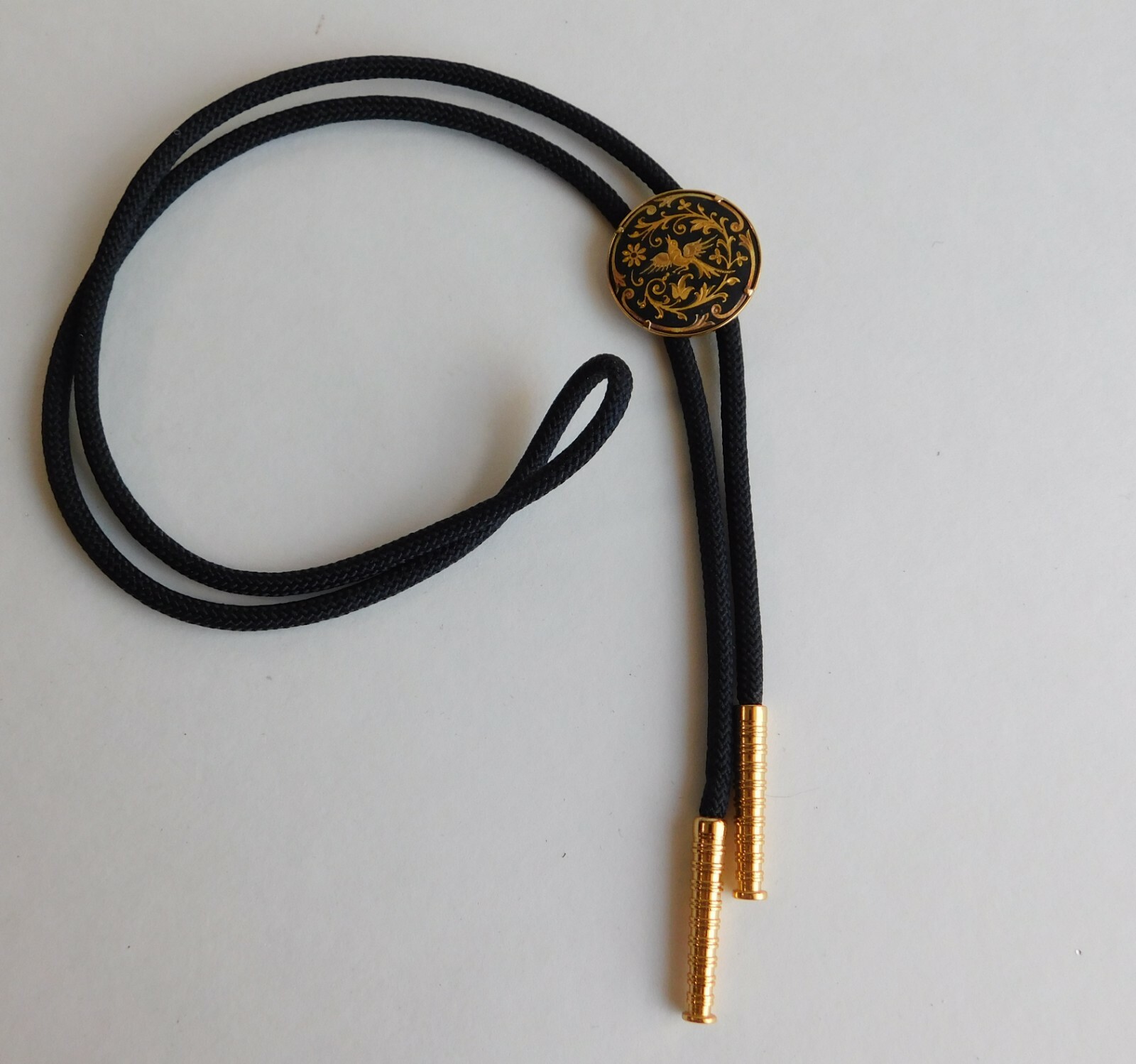 Vintage Spanish Damascene Gold Bird Inset Black Bolo Tie