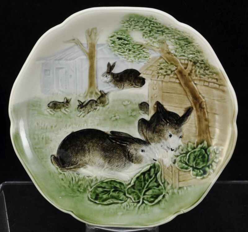 Antique Majolica Choisy Le Roi 6 Rabbit Plate France 1900 G
