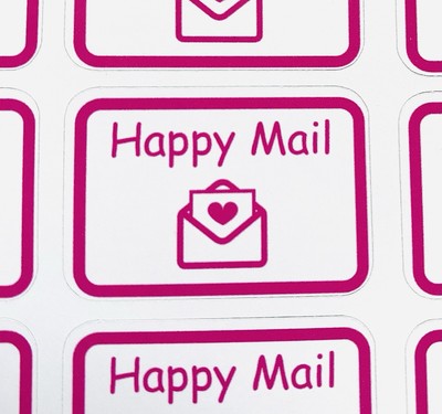 32 x 1.5” pink Happy Mail Stickers postal small business stickers 
