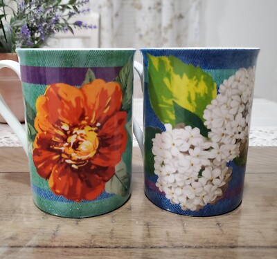 Set of 2 Stechcol Gracie Bone China Mugs ''BLUE GREEN FLORAL PLAID'' 9 oz each