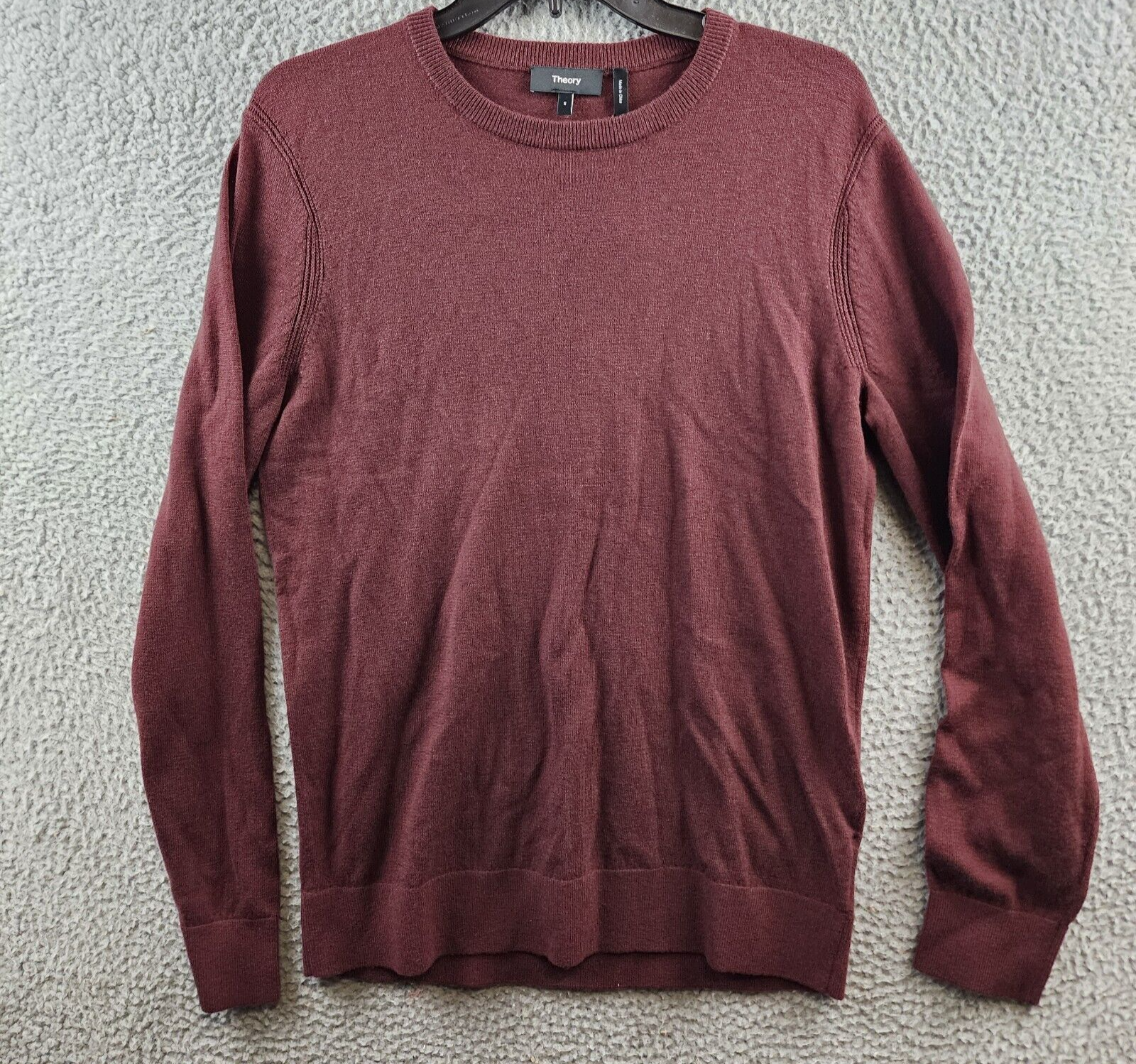 Theory Riland Solid Merino Wool Blend Sweater Men's S Wine Crew Neck Pullover - Picture 2 of 14