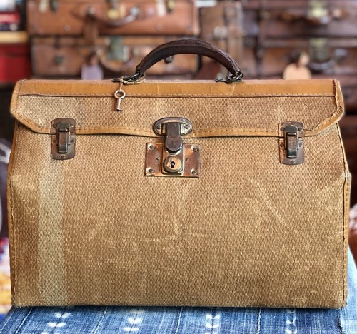 Antique Rattan  Brown Leather Trimes Dr Bag Medical Bag Apothecary Gladstone Bag