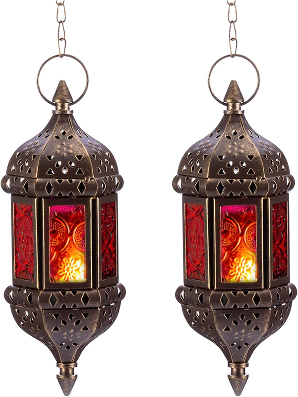 2 Pcs Hanging Hexagon Decorative Moroccan Candle Lantern Holders, Handmade Hangi