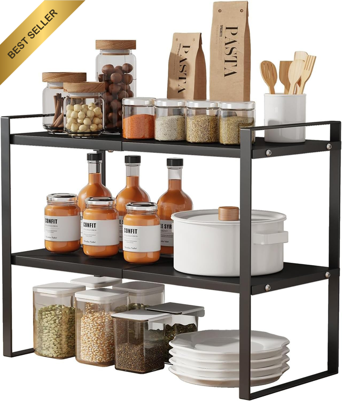 2 Tier Expandable Cabinet Shelf Organiser Storage Rack, Kitchen Cabinet Organize