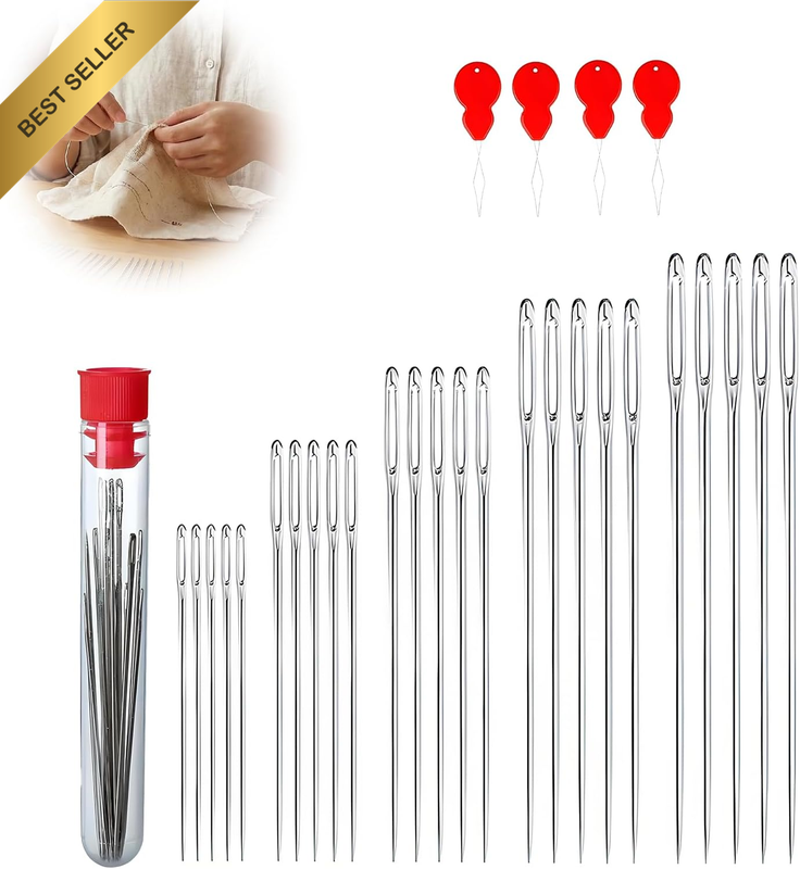 Large-Eye Hand Sewing Needles Kit, 5 Sizes Stainless Steel Needles with 4 Thread