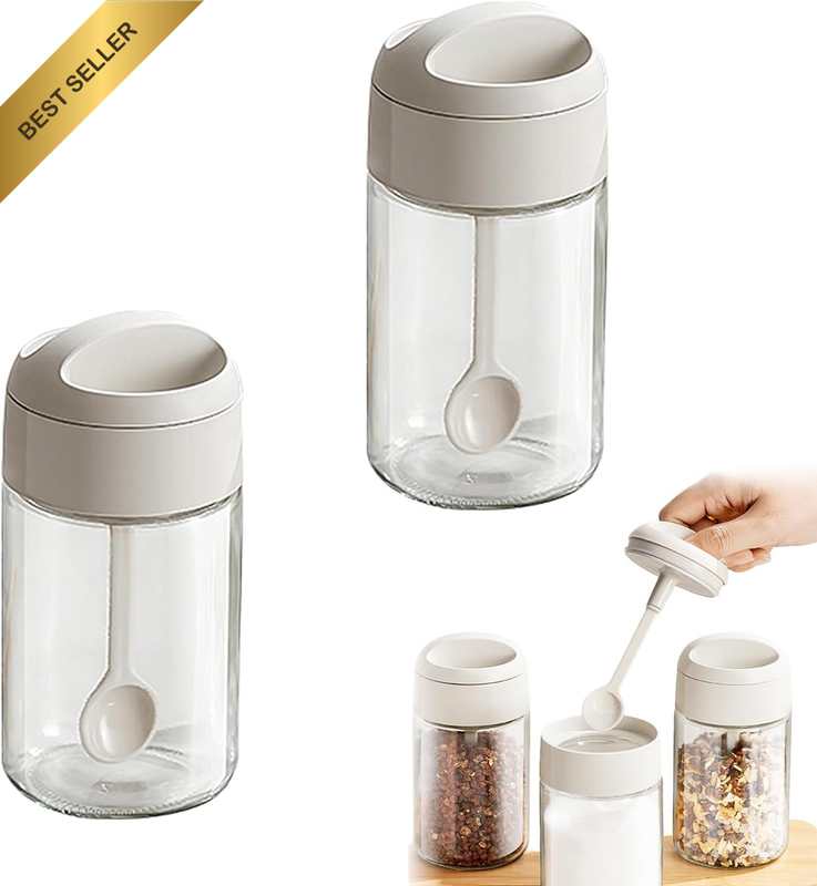 2-Pack Modern Minimalist Spice Jars, Clear Glass Condiment Pots with Spoons, 250