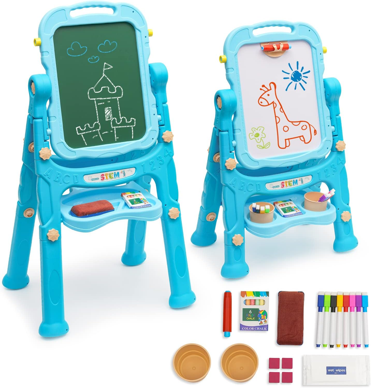 Art Easel for Kids, 3 in 1 Double Sided Kids Easel with Whiteboard & Chalkboard,