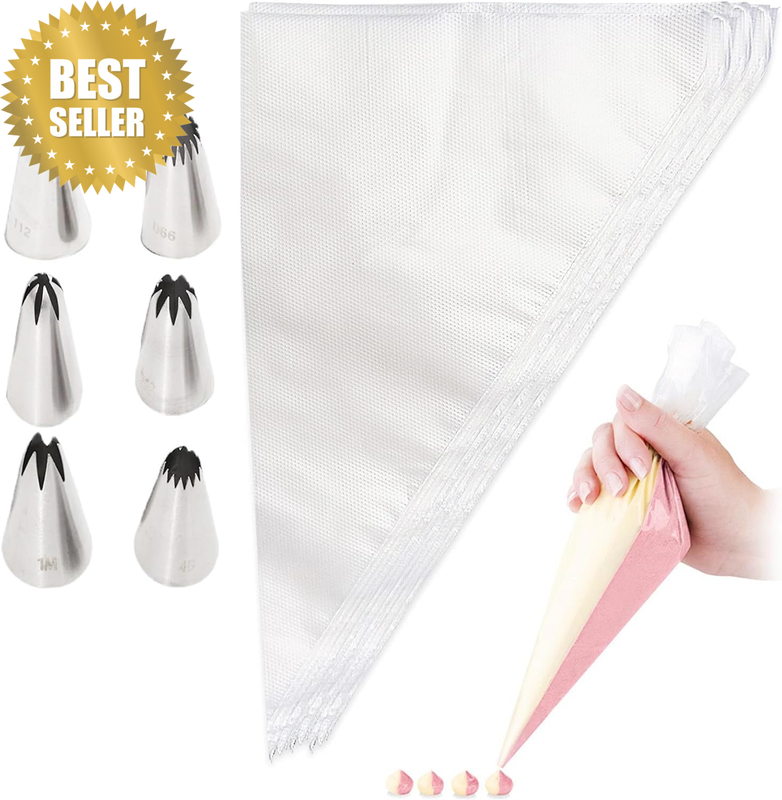 Piping Bags and Tips Set, 100Pcs Large Disposable Piping Bags and 6 Nozzles Set